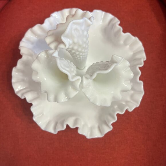 Vintage Fenton Hobnail Milk Glass Epergne: 1950s Ruffled Trumpet Vase - Picture 3 of 11